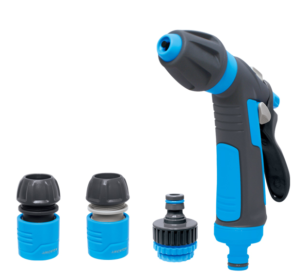 Ergonomic hose spray nozzle kit with tap adaptor and waterstop connector