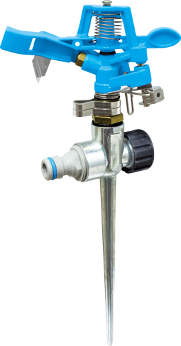 Adjustable sprinkler with 20° to 360° spray and metal spike for large area coverage