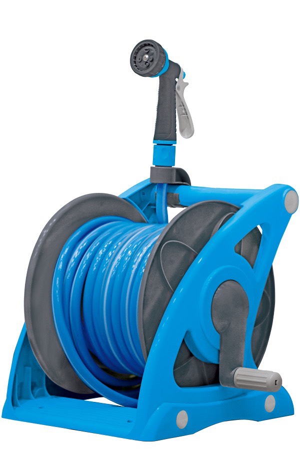 Fully pre-assembled 25m garden hose reel with nozzle