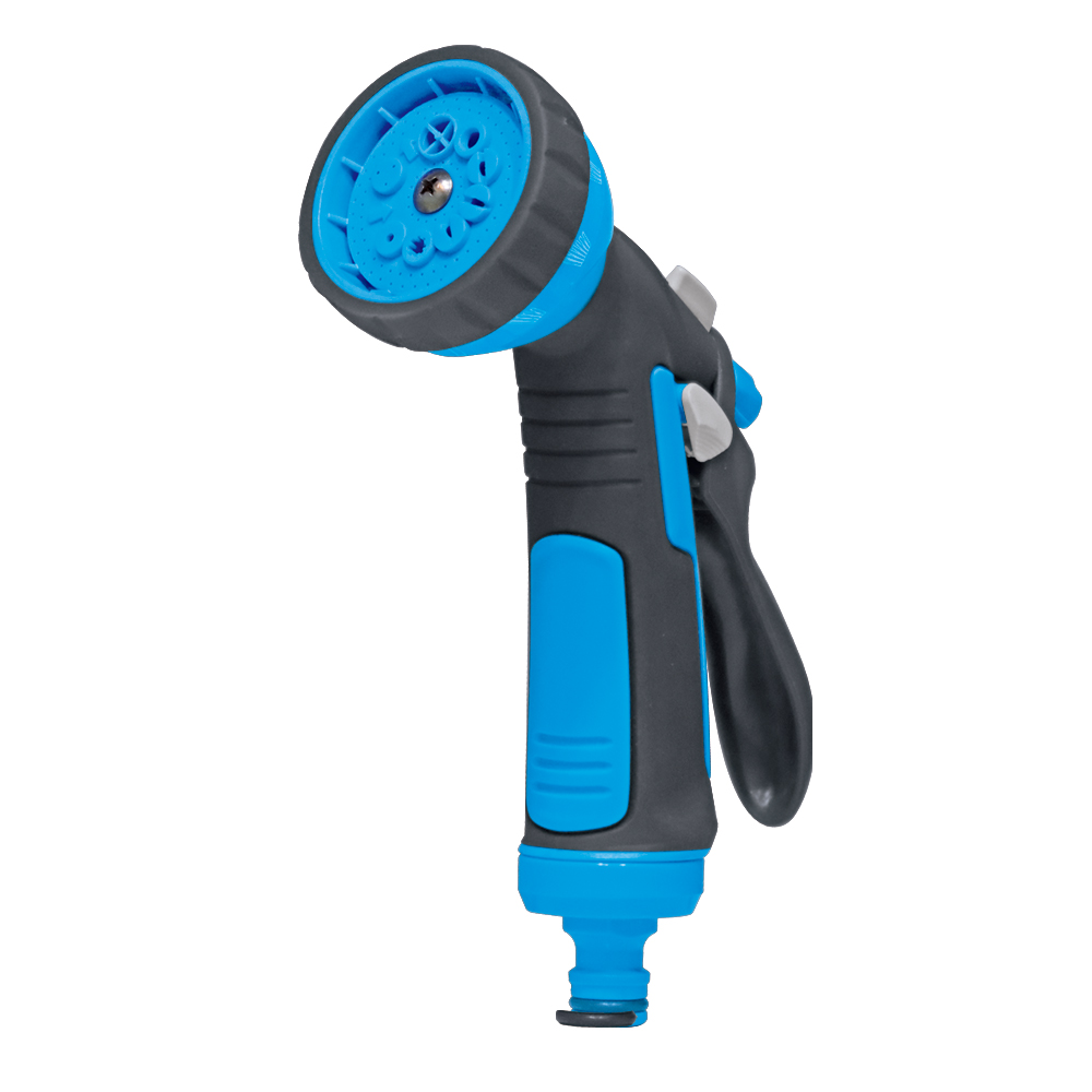 Adjustable spray gun with ten spray patterns and non-slip rubber edge
