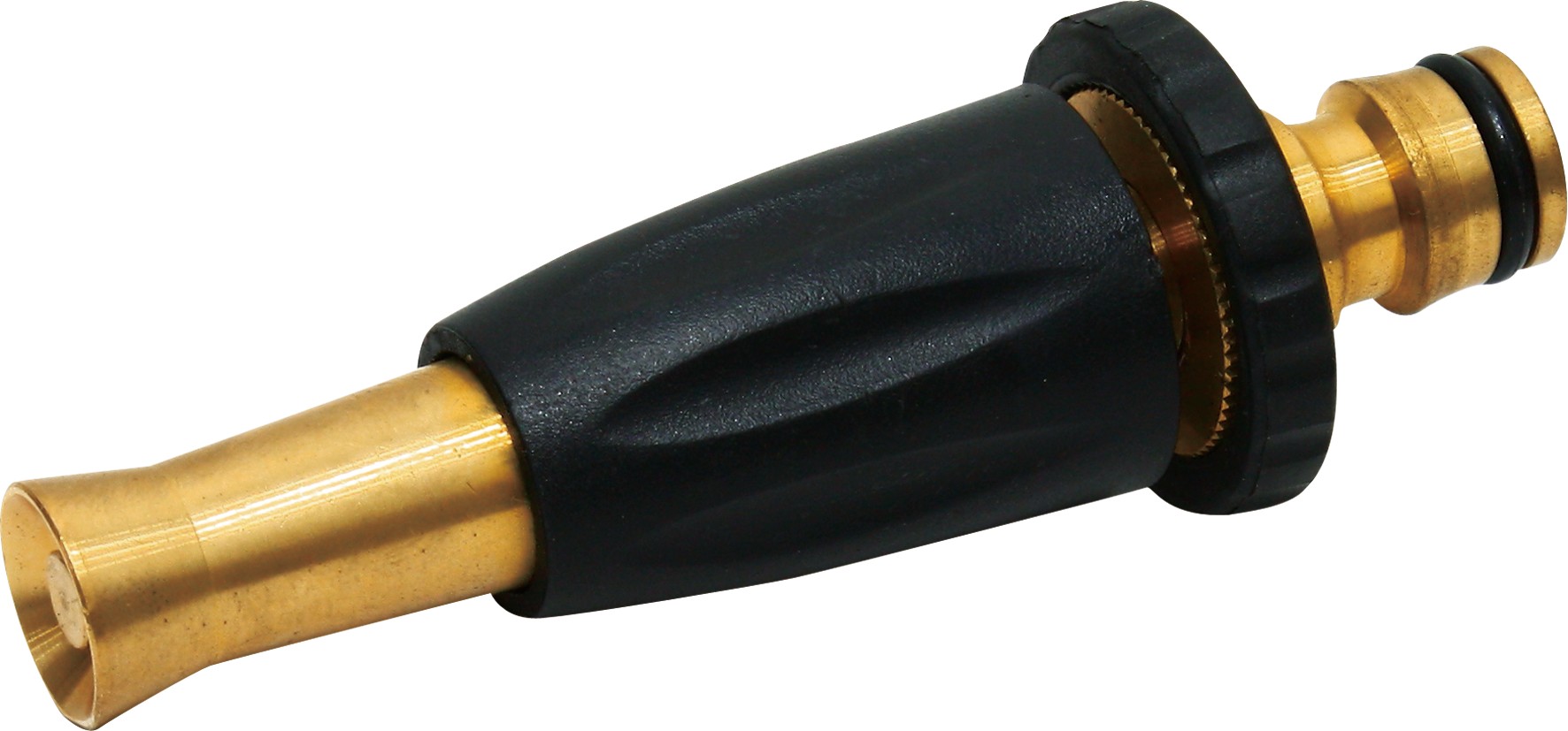 Solid brass hose nozzle with adjustable spray patterns
